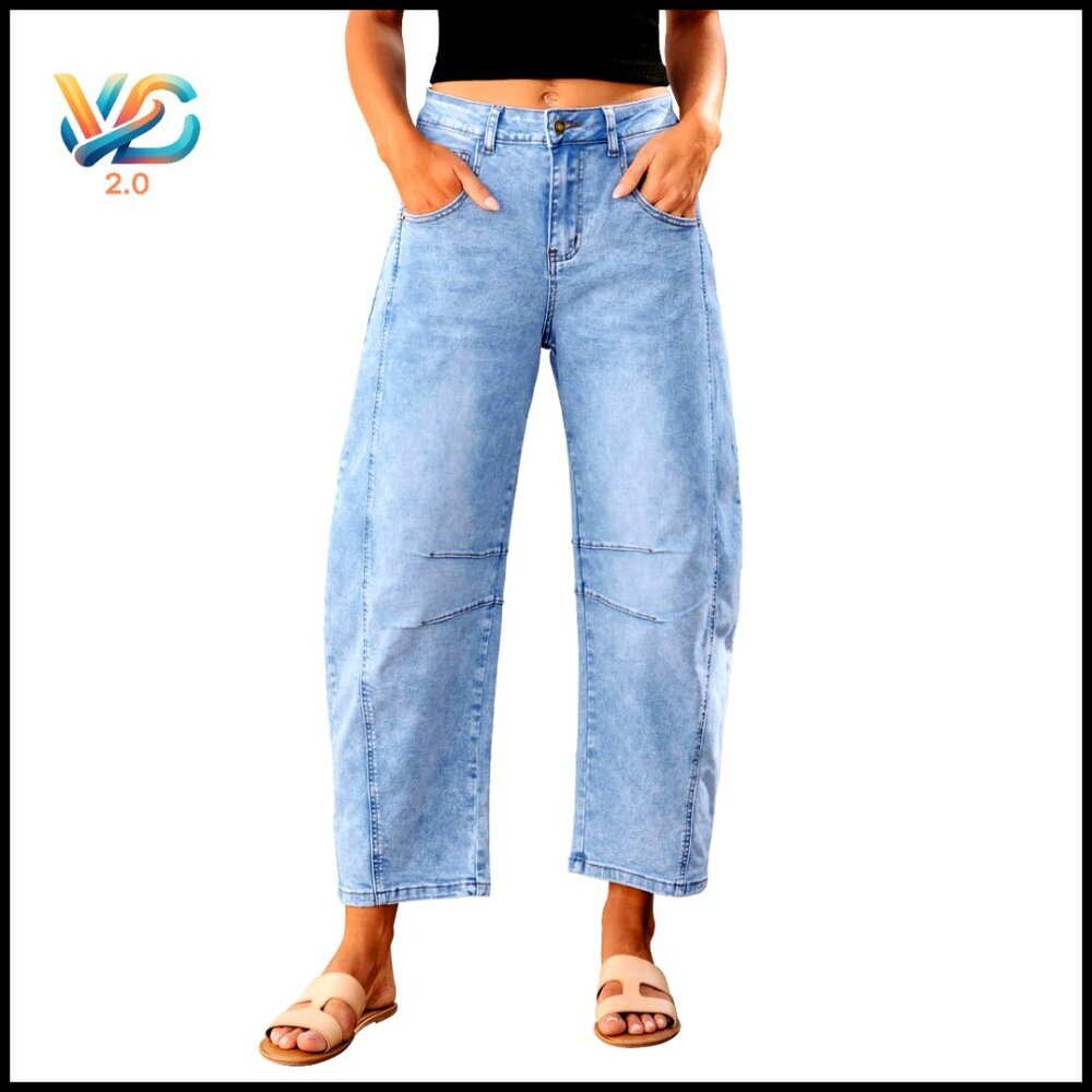 High Waisted Wide Leg Barrel Jeans‎ Cropped Ankle Pants Stretch Denim